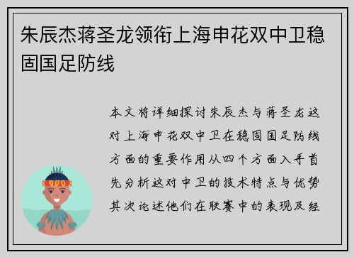 朱辰杰蒋圣龙领衔上海申花双中卫稳固国足防线